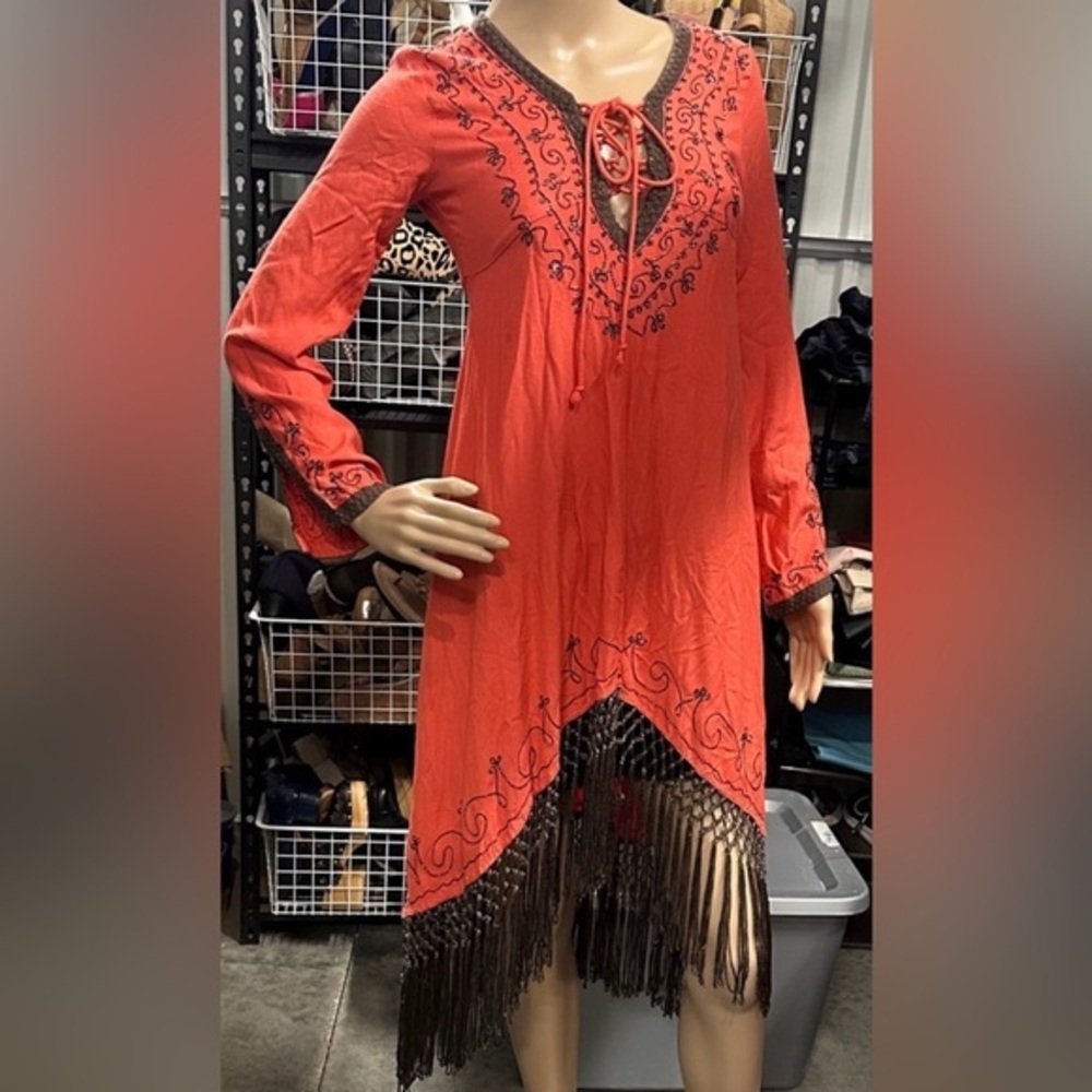 Elegant Asymmetrical Coral Fringe Dress with Brown Detailing